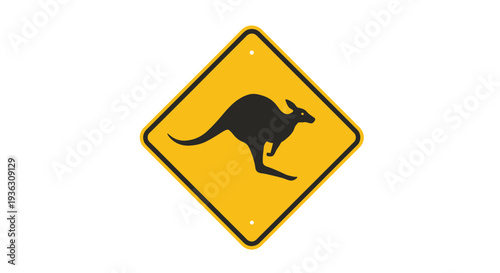 A black kangaroo silhouette on a yellow diamond-shaped road sign against a transparent background viewed from a straight-on perspective