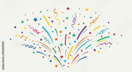 Celebrating April Fools Day with colorful confetti, streamers, and stars bursting in all directions, viewed from directly above in a festive scene.