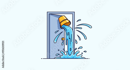 A cartoon door opens to reveal a bucket pouring water on April Fools Day, creating a splash and playful chaos