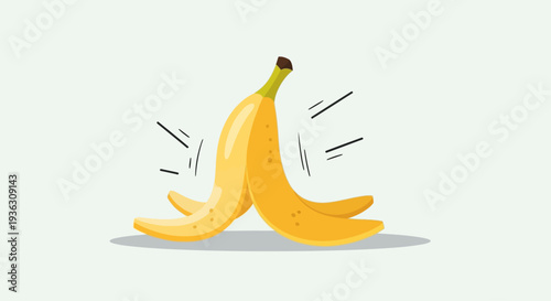 Celebrating April Fools Day with a playful illustration of a ripe banana peel explosion, viewed from a humorous perspective.