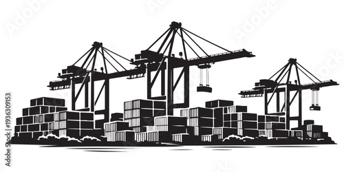 Large Cargo Port Silhouette, Silhouette Vector, Isolated on White Background
