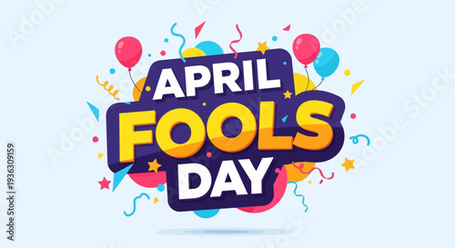 Celebrating April Fools Day with colorful confetti, balloons, and festive decorations in a joyful scene from a front viewpoint.