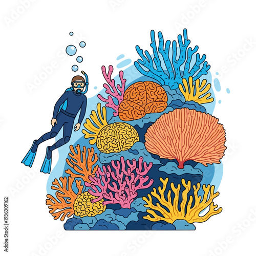 Scuba Diver Explores Coral Reef with Brain-Shaped Corals