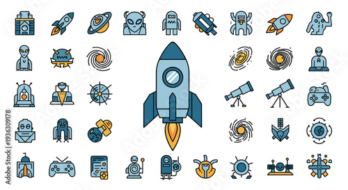 Large collection of space and astronomy icons featuring rockets, planets, aliens, telescopes, and robots for science fiction projects.