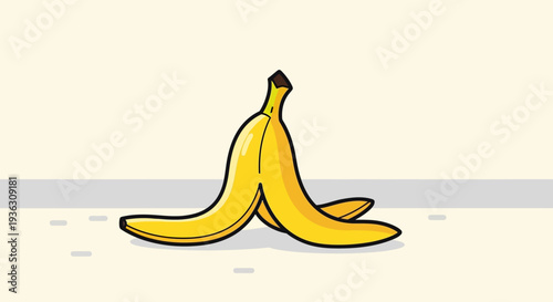 A cartoon banana peel on the floor on april fools day, viewed from the side, in a simple 2D environment