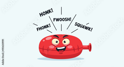 A cartoon sausage character on April Fools Day making funny sounds like honking and squawking with a joyful expression