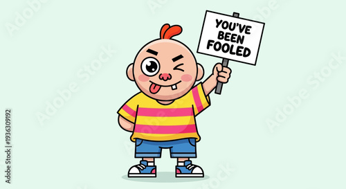 A cheerful cartoon boy holding a sign that says you've been fooled on april fools day, standing alone in a plain environment, viewed from the front