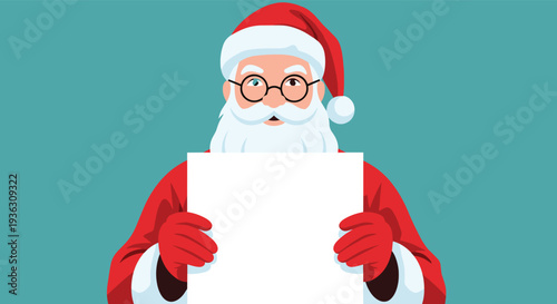 Santa Claus wearing his traditional red suit and glasses holding a large blank white sign for holiday announcements and messages.