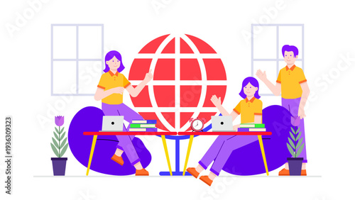 Professionals working in a global corporate setting with a large globe icon symbolizing international business