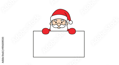 Adorable Santa Claus character peeking over a wide horizontal blank white banner for festive Christmas promotions and seasonal sales.