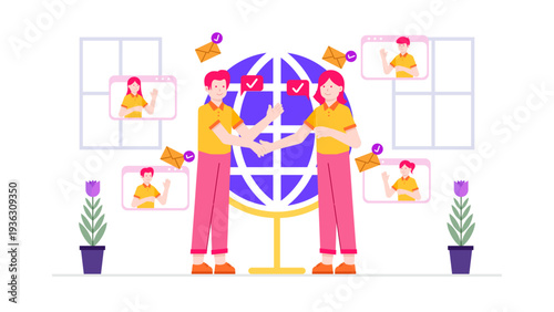 Two business people shaking hands in front of a globe while digital messages and video profiles float around them