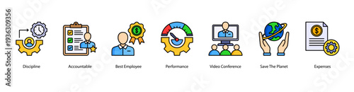 Performance and Sustainability web banner vector illustration featuring Discipline, Accountable, Best Employee, Performance, Video Conference, Save The Planet, and Expenses.