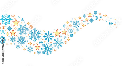 Decorative wave of blue snowflakes and yellow stars of various sizes floating against a white background for winter season designs.