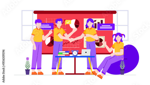 Flat design illustration of a team of business people giving a presentation in a meeting room with charts and data visualization on a red board and office equipment