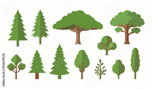 Flat style tree collection vector illustration various forest and landscape trees isolated on white background
