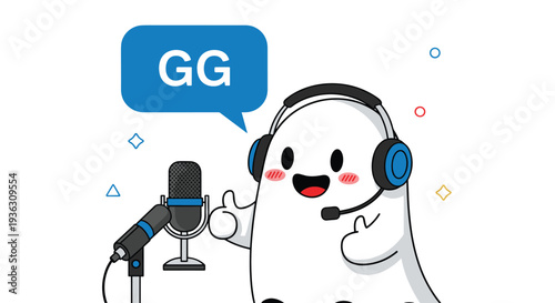 Enthusiastic cartoon ghost character wearing professional gaming headphones and talking into a microphone while saying GG in a speech bubble.