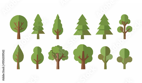 Collection of flat trees vector set natural forest and garden tree illustrations isolated on white background