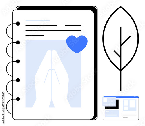 Religion, mindfulness, eco-consciousness, online tools, spirituality, meditation. Praying hands on journal, heart icon leaf symbol digital interface. Mindfulness and spirituality concept