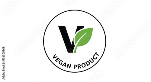 Circular vegan product label or certification mark featuring a large black letter V and a green leaf to represent plant based food and lifestyle.