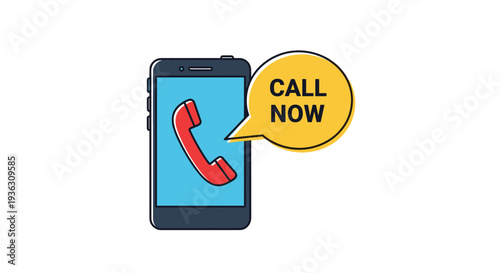 Modern smartphone illustration with a bright blue screen and a yellow speech bubble saying Call Now next to a classic red telephone handset icon.