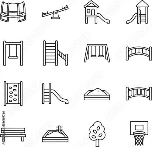 Big set of playground equipment thin line icons. Kid s swing, slide, sandbox, climber vector elements.