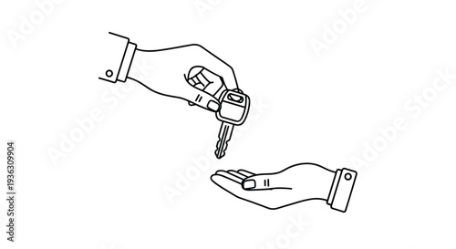 Minimalist line art drawing showing a hand holding a set of car keys and passing them to another open hand representing a vehicle sale or rental.