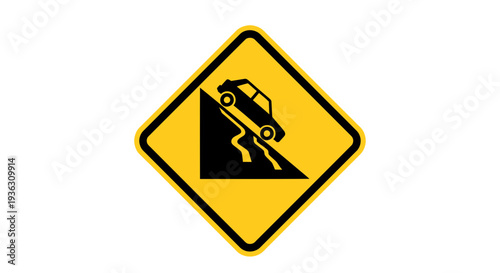A yellow warning sign with a black border and a car sliding down a hill illustration