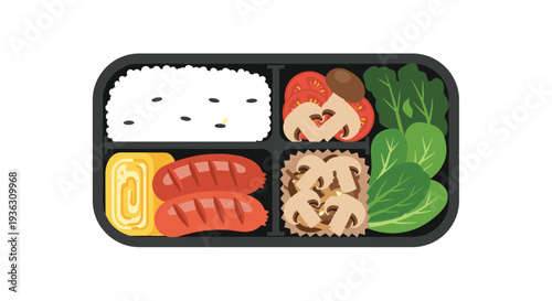Delicious bento box lunch illustration containing white rice, fried sausages, rolled egg, green leaves, and sauteed mushrooms in a tray.