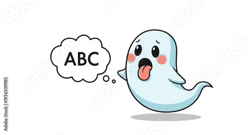 Confused cartoon ghost character with a thought bubble containing letters ABC representing learning difficulties or educational concepts.