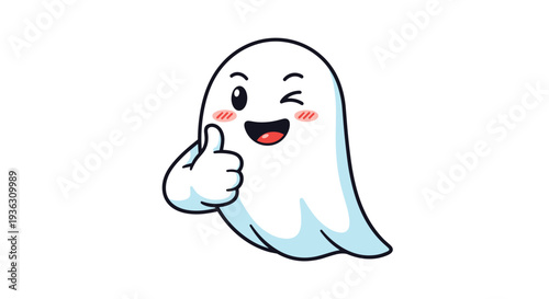 Joyful cartoon ghost giving a friendly thumbs up gesture and winking with rosy cheeks against a white background for positive communication.