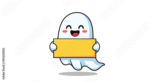 Happy cartoon ghost character smiling and holding a blank rectangular yellow sign board to display custom messages or announcements.