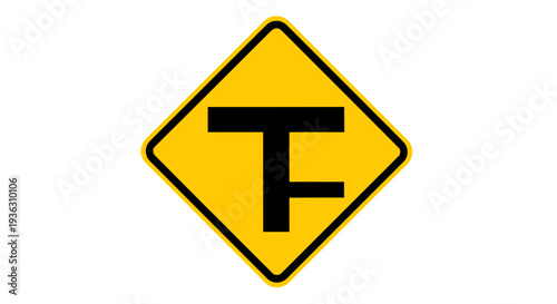A yellow diamond-shaped road sign with a black T symbol on a transparent background viewed from the front