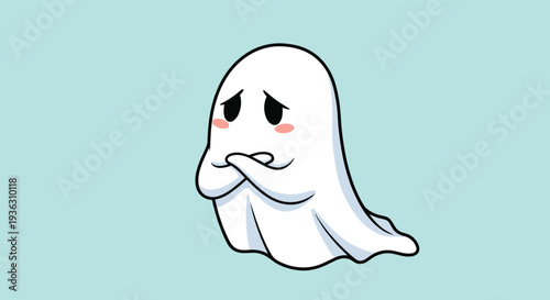 Shivering little ghost with arms crossed and a worried expression looking cold or anxious on a light blue background for seasonal concepts.