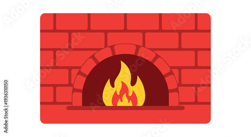 A stylized illustration of a red brick fireplace with a burning flame