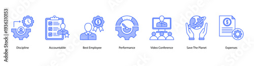 Performance and Sustainability web banner vector illustration featuring Discipline, Accountable, Best Employee, Performance, Video Conference, Save The Planet, and Expenses.