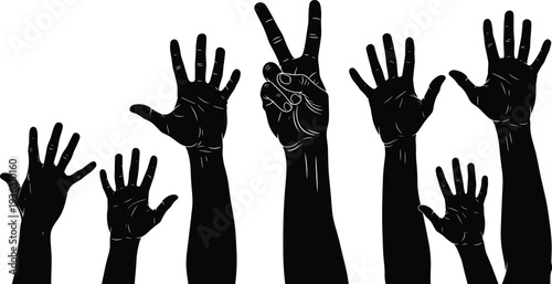 Raised hands silhouette vector illustration, diverse hand gestures including peace sign and open palms for design, art, logo, tattoo