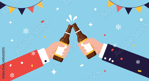 Celebration concept showing two hands in business suits clinking bottles of beer together amidst falling confetti and snowflakes on a blue sky.
