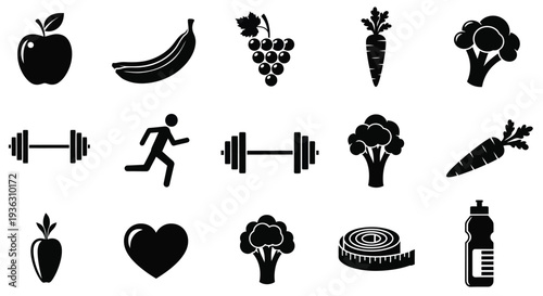 Collection of black silhouette icons depicting health fitness and food
