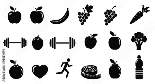 Black silhouettes of fruits vegetables fitness equipment and a running person