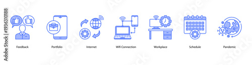 Workplace Connectivity web banner vector illustration featuring Feedback, Portfolio, Internet, Wifi Connection, Workplace, Schedule, and Pandemic.