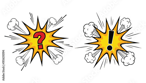 A question mark and exclamation point explosion vector illustration set