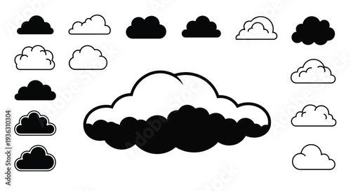 Collection of black and white cloud illustrations in various shapes