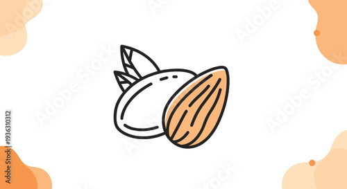 Simple line art icon of an almond nut with two green leaves and decorative orange organic shapes in the corners of the frame.
