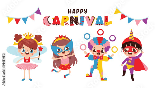 Carnival vector illustration of happy children in colorful costumes and masks