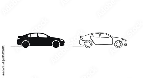 Simple illustration of a sedan car in solid black and outline forms