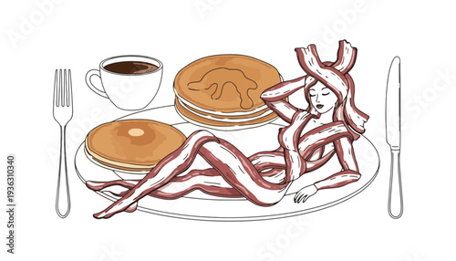 Bacon woman lying on a plate with pancakes and coffee
