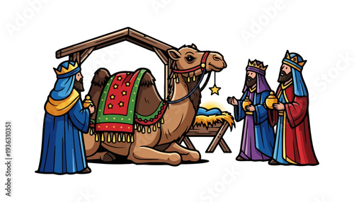 Three wise men with camel kneeling beside Jesus' manger at night