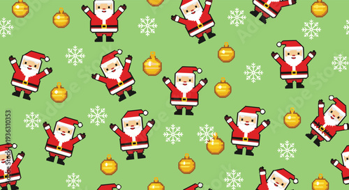 Seamless pattern of pixel art santa claus characters with golden ornaments and white snowflakes on a vibrant green background.