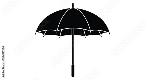 Simple black silhouette of an open umbrella against a white background