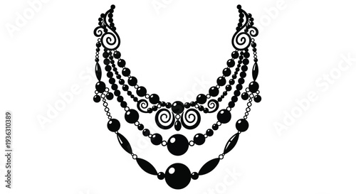 Elegant black necklace design with swirling patterns and beaded strands